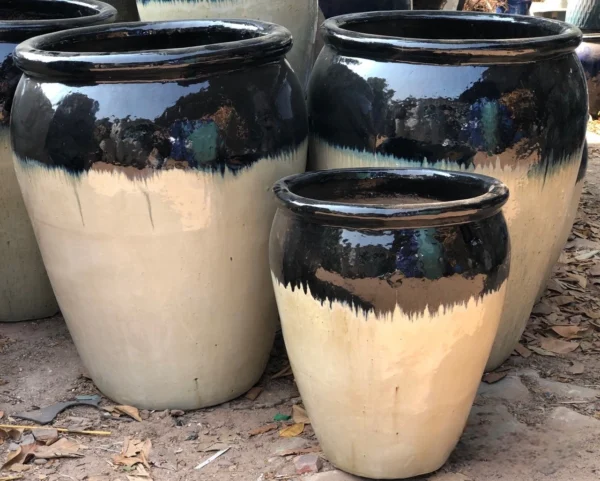 Large Glazed Ceramic Planters – Black & Beige Outdoor Garden Pots