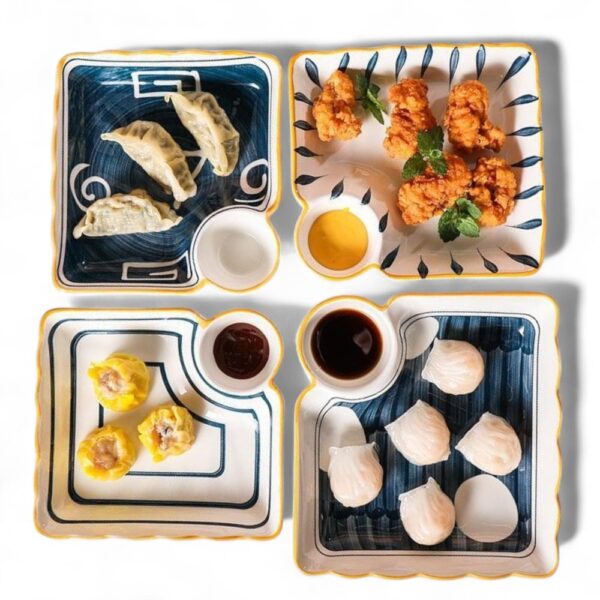 ceramic square snack plates with sauce section – hand painted