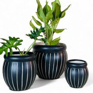 black ceramic planter set with white stripes