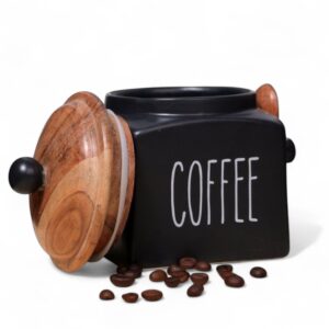 black ceramic coffee storage jar with wooden lid