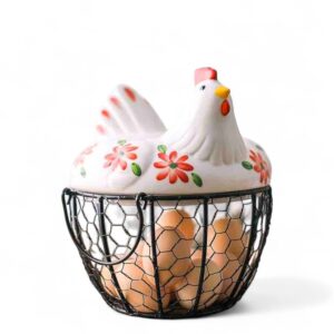 ceramic hen egg basket with wire mesh