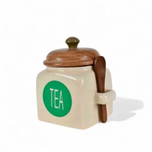 handmade ceramic tea jar with wooden lid & spoon