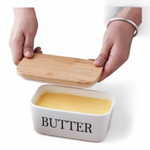 ceramic butter dish with bamboo lid – vintage kitchen storage