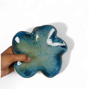 handmade blue glazed flower shaped ceramic serving bowl