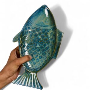 handmade blue glazed fish shaped ceramic serving plate