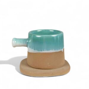 Two-Tone Ceramic Coffee Mug with Saucer – Aqua Glaze & Matte Brown
