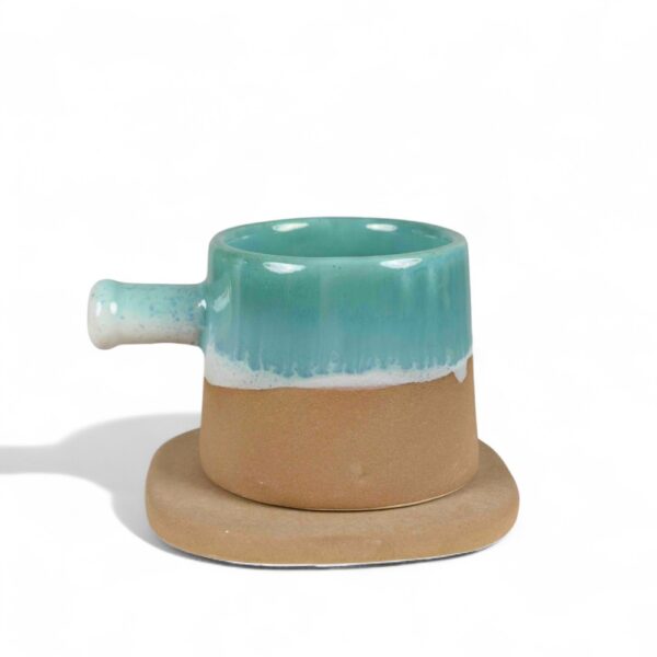 Two-Tone Ceramic Coffee Mug with Saucer – Aqua Glaze & Matte Brown