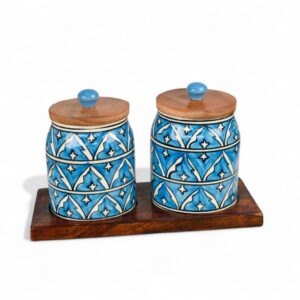 Handpainted Blue Moroccan Pattern Ceramic Jar Set with Wooden Lids & Tray