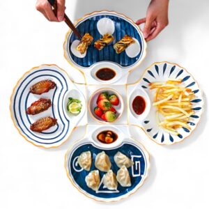 Ceramic Snack Serving Platter Set – 5 Compartment Appetizer Plate with Dip Bowls