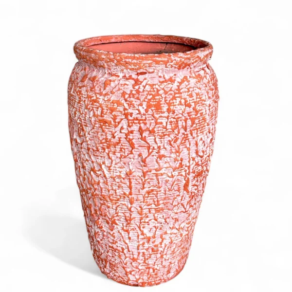 Red & White Textured Terracotta Planter – Tall Handmade Decorative Pot