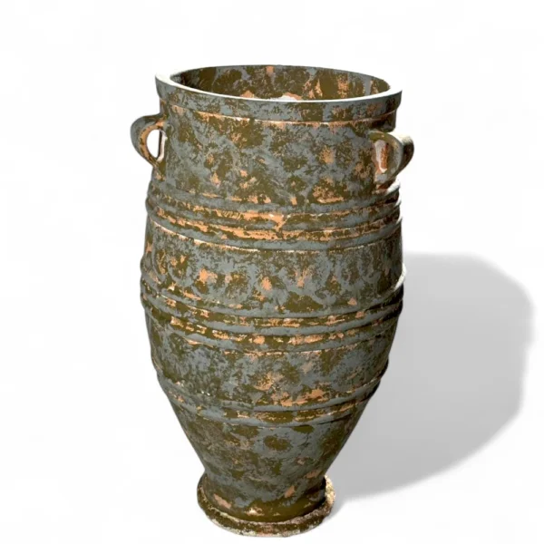 Rustic Green & Bronze Distressed Terracotta Vase – Tall Antique Amphora Planter