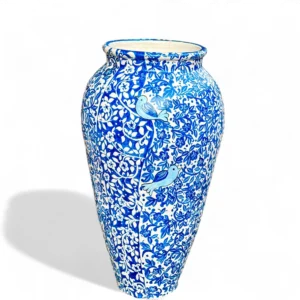 Hand-Painted Blue & White Floral Terracottta Vase – Artistic Decorative Pot with Bird Motif