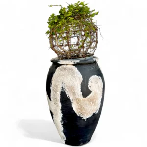 Black & White Abstract Textured Terracotta Planter – Tall Handmade Decorative Vase