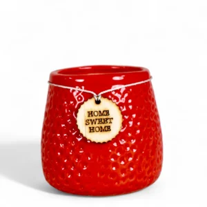 Red pot with wooden tag