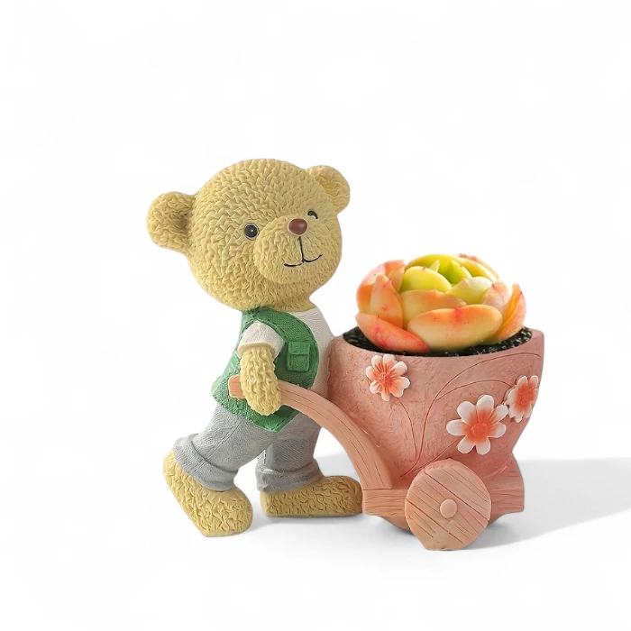 Teddy Bear Flower Cart Planter – Cute Ceramic Décor