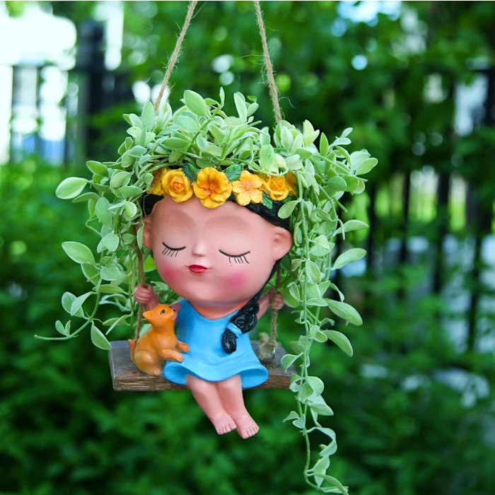 Girl on Swing Hanging Planter – Handcrafted Ceramic Pot with Cat