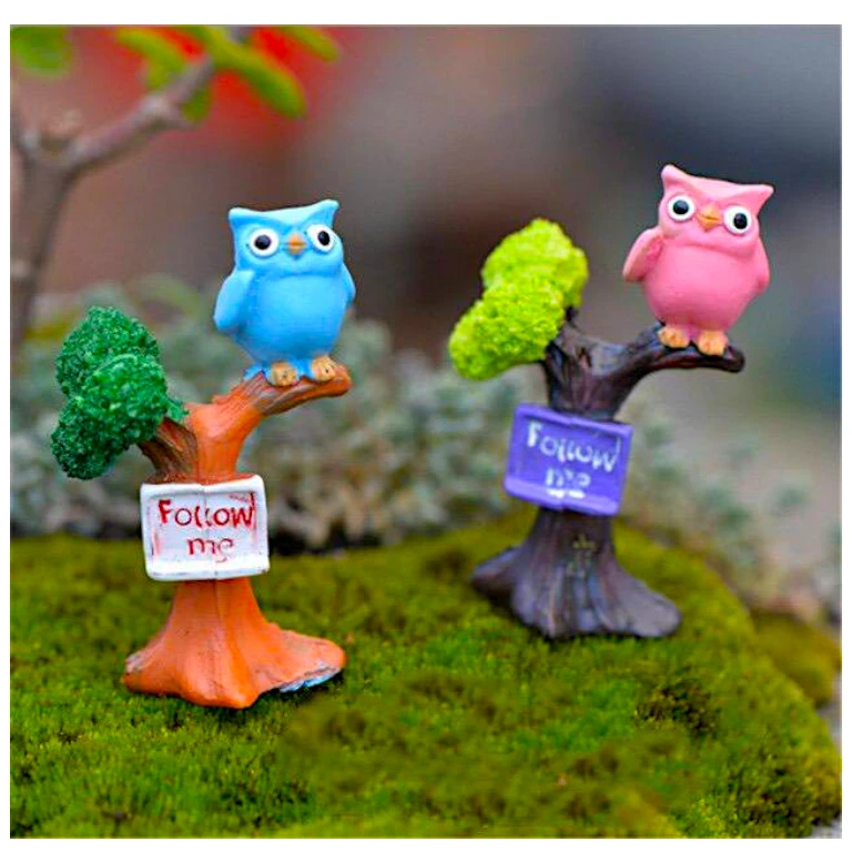 Mini Owl on Tree Figurines – Handcrafted Ceramic Fairy Garden Décor