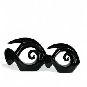 Black Ceramic Swirl Fish Duo – Abstract Modern Sculpture Set