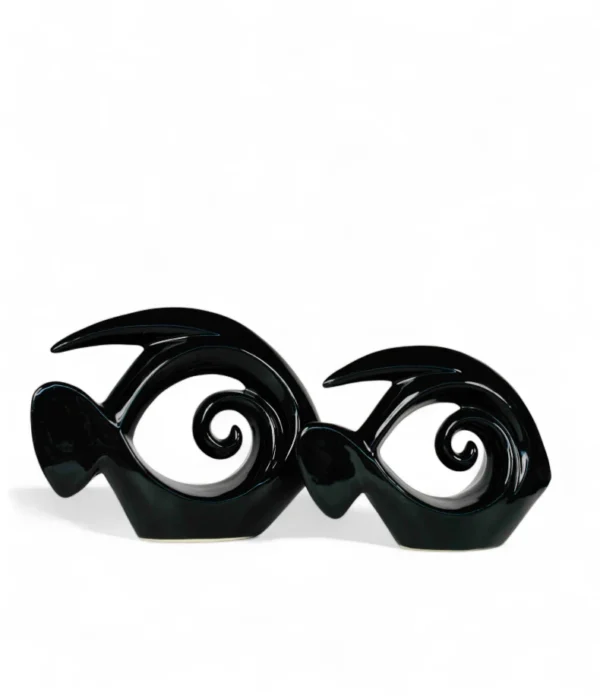Black Ceramic Swirl Fish Duo – Abstract Modern Sculpture Set