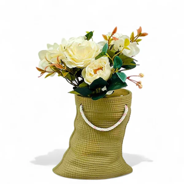 Textured Rope Handle Ceramic Vase – Olive Green