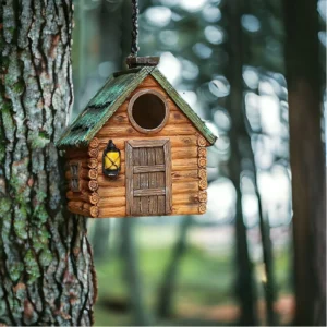 Rustic Wooden Cabin Birdhouse – Outdoor Hanging Décor