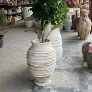 Off-White Ribbed Ceramic Planter – Handcrafted Indoor & Outdoor