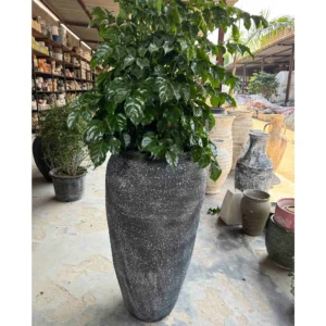 Tall Charcoal Textured Ceramic Planter – Handcrafted Matte Finish