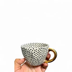 Handcrafted Black Polka Dot Mug with Gold Handle
