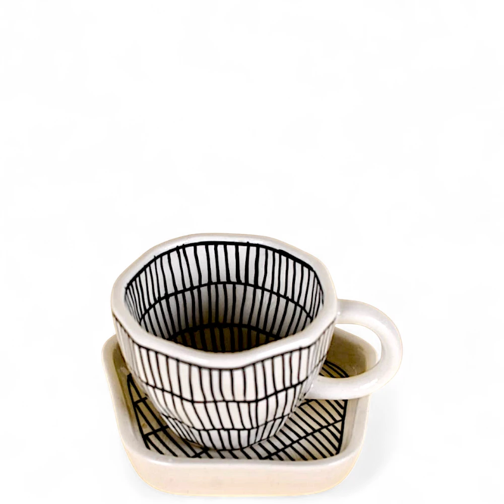 Handcrafted Line Art Ceramic Cup & Saucer Set