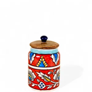 Handpainted Floral Ceramic Jar with Wooden Lid