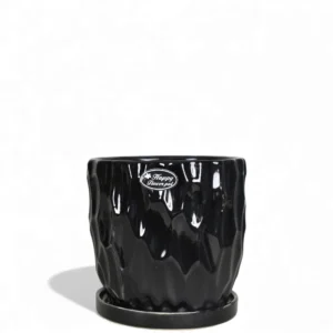 Black Glossy Textured Ceramic Planter with Tray