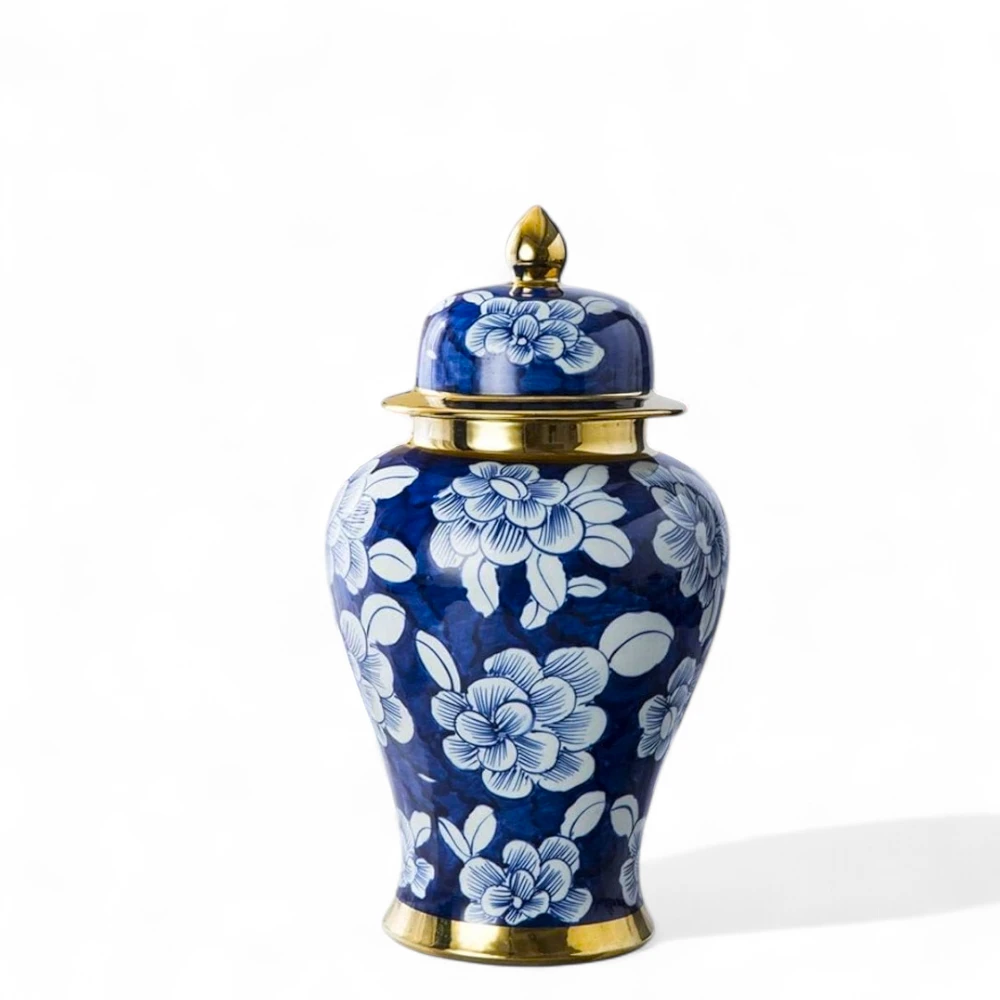 Royal Blue Floral Ginger Jar with Gold Accents