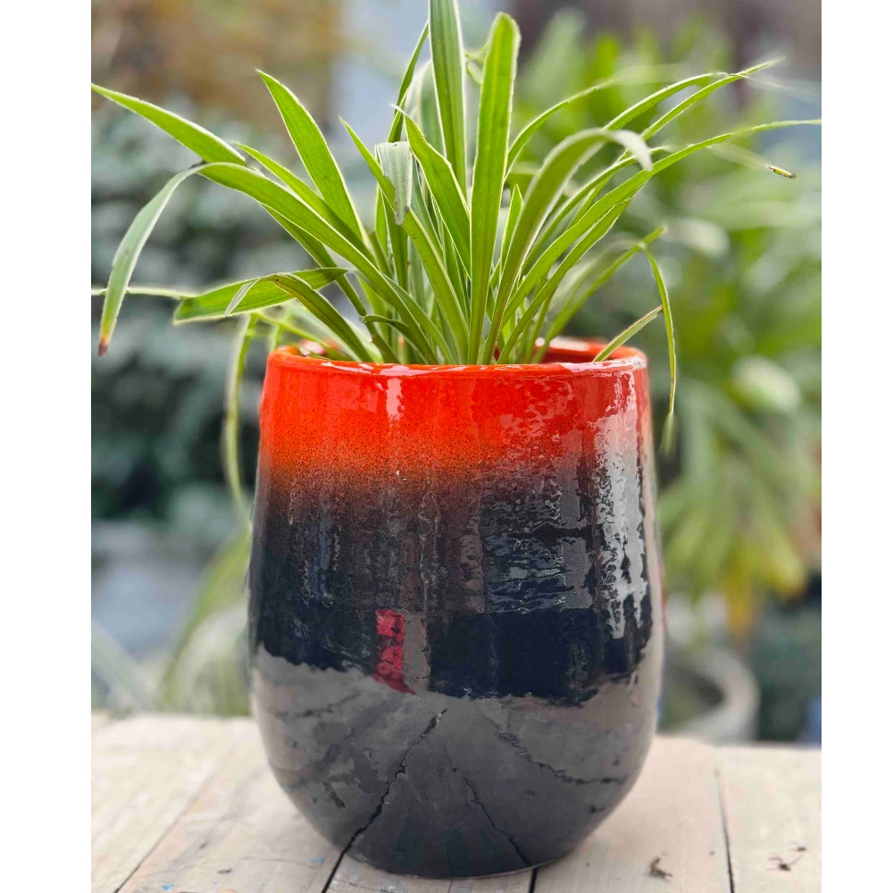Orange–Black Gradient Ceramic Glazed Planter: