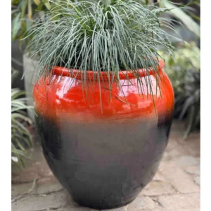 Round Belly Orange–Black Gradient Ceramic Glazed Planter: