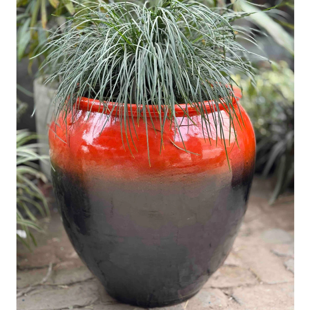 Round Belly Orange–Black Gradient Ceramic Glazed Planter: