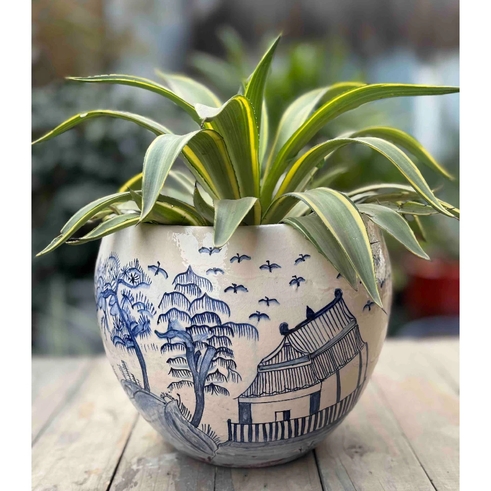Hand-Painted Blue & White Ceramic Glazed Planter – Landscape Design