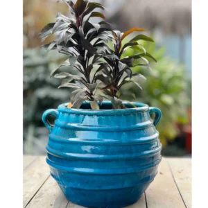 Turquoise Blue Ribbed Ceramic Glazed Planter with Handles