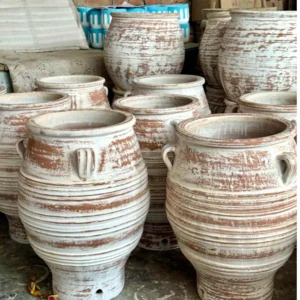 Rustic White-Wash Ceramic Planter with Handles
