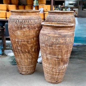 Tall Rustic Brown Engraved Ceramic Planter