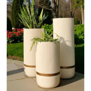 Ivory Ribbed Tower Planter Set