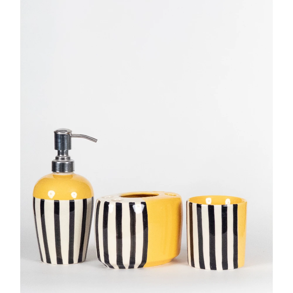 Yellow & Black Striped Ceramic Bathroom Set