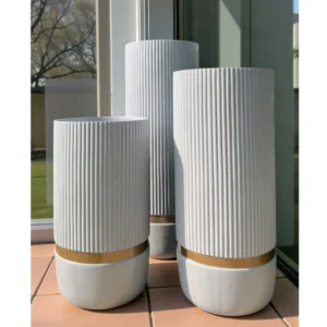 White & Gold Ribbed Cylindrical Planter Set