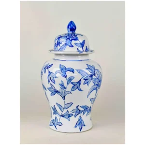 Soft Indigo Leaf Hand-Painted Ceramic Ginger Jar