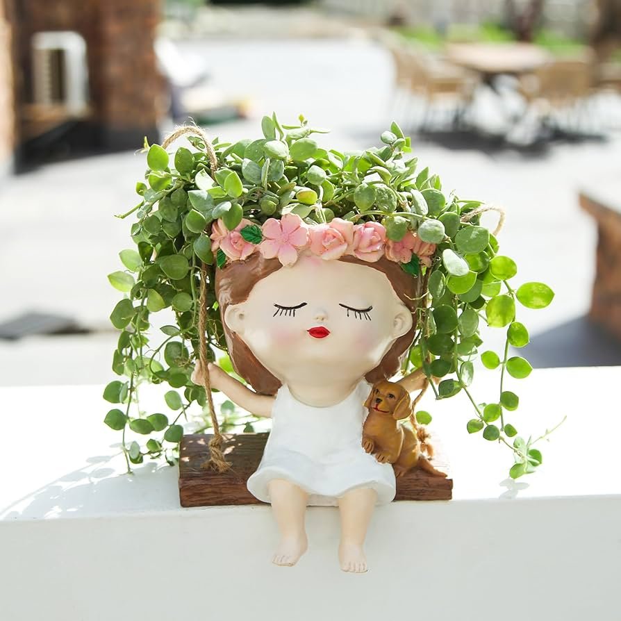Resin Girl on Swing Planter with Dog