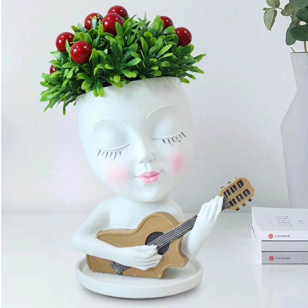 Resin Guitar Girl Planter – Musician Face Sculpture Flower Pot