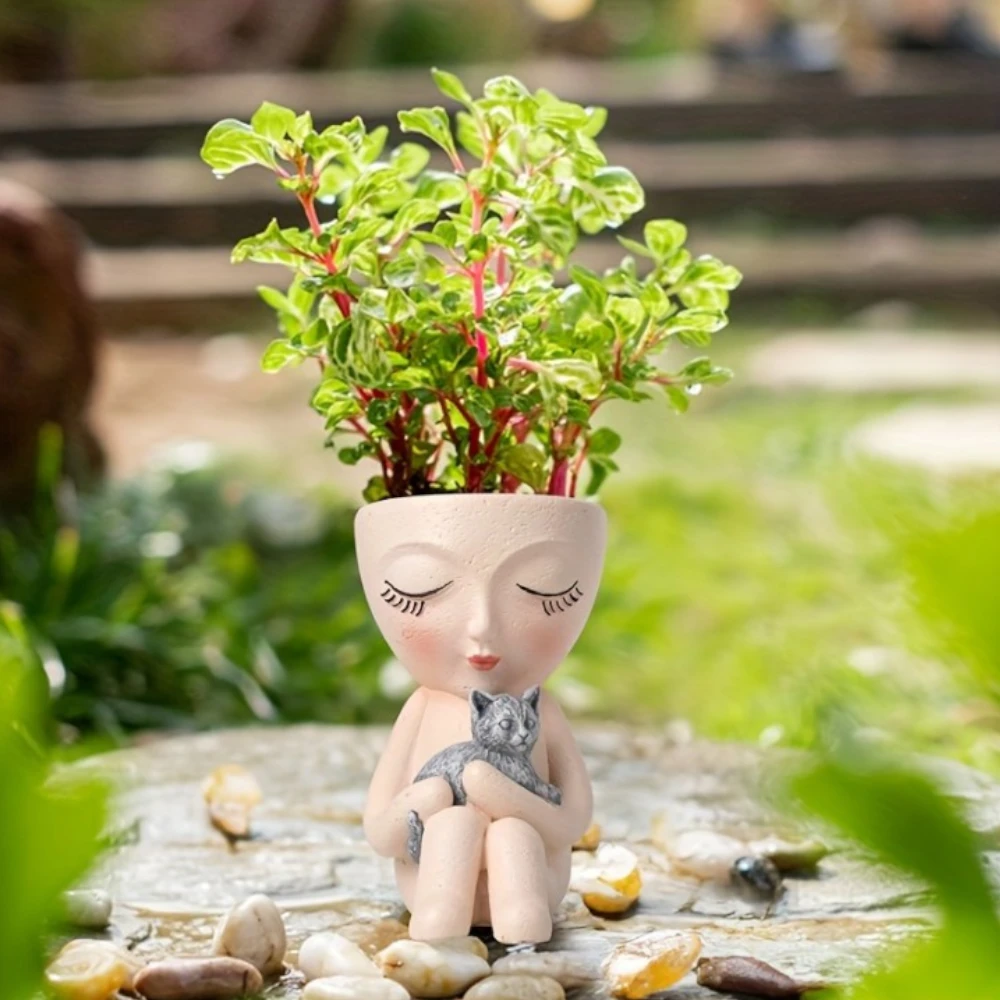 Resin Girl with Cat Planter – Cute Sitting Doll Flower Pot for Home Décor