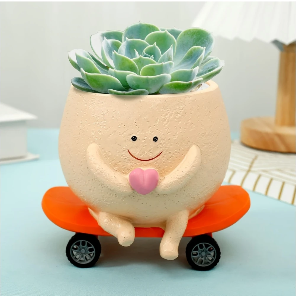 Resin Skateboard Boy Planter with Heart – Cute Succulent Pot