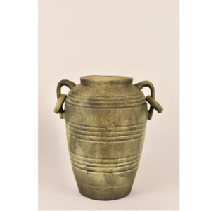 Antique Olive Rustic Ceramic Vase with Loop Handles