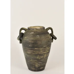 Rustic Charcoal Antique Ceramic Vase with Ring Handles