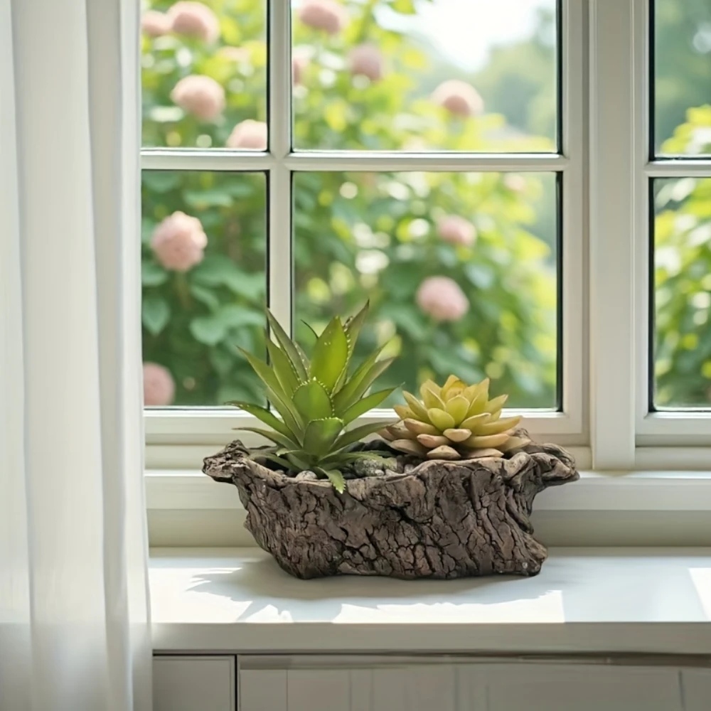 Rustic Bark Style Resin Wooden Pots